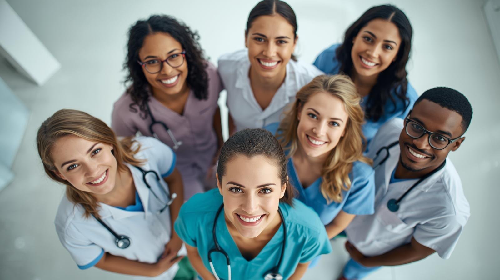 Group of 6 people of diverse backgrounds and genders a 2 who are nurses. all smiling at the camera